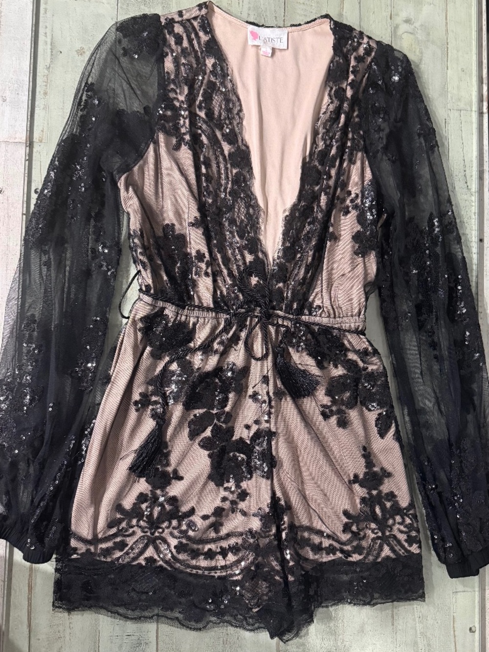 L’ATISTE Black sequin lace, long sleeve romper, nude illusion size medium